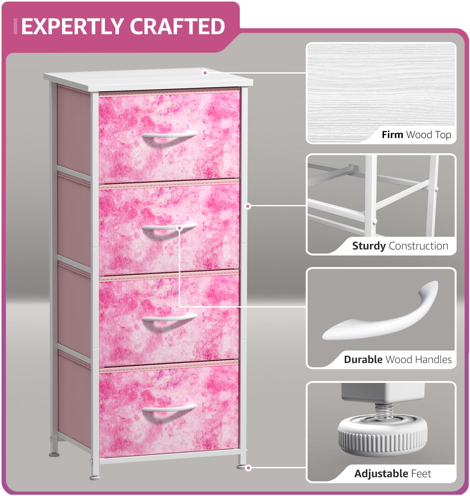 Sorbus 4-Drawer Nightstand, Bedside Table with Steel Frame, Wood Top, Tie-Dye Pink
