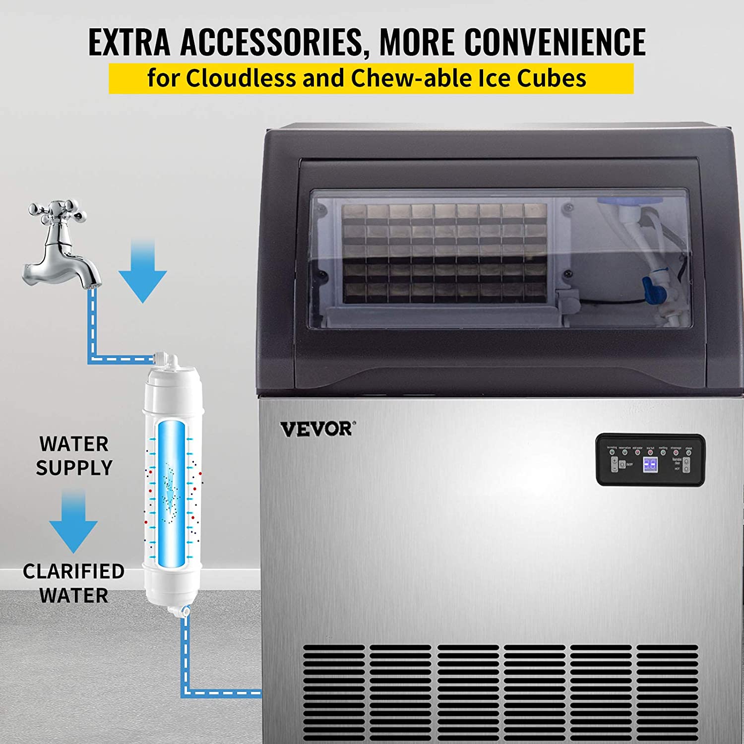 VEVOR Commercial Ice Maker 155lbs/24h,530W Commercial Ice Machine with 33lbs Storage Capacity, Stainless Steel Construction Ice Cube Making Machine, includes Water Filter and Connection Hose