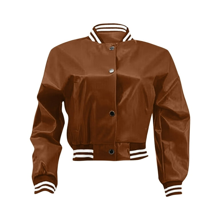 JDEFEG Office Jacket Women s Autumn and Winter Color Patchwork Leather Sleeve Baseball Jacket Jacket Vintage Jackets for Women 1940 Polyester Brown L