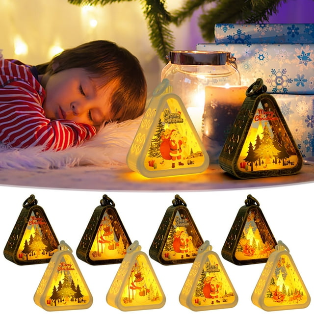 Xihbxyly Luz de Noche Navideña Vintage, Diseño Triangular Luminoso, Múltiples Patrones Festivos, Brillo Suave y Cálido, Adorno de Escritorio, Decoración para El Hogar y La Oficina, Perfecta para Cele