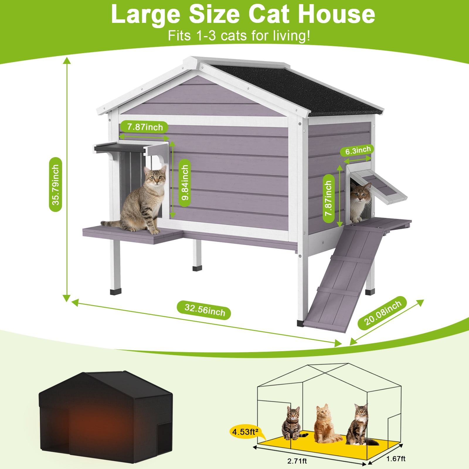 HomeSheek 32.6" Outdoor Cat House with Insulated Liner, Ramp & Side Door, Weatherproof Shelter, Easy Assembly & Cleaning for Indoor Outdoor Pets