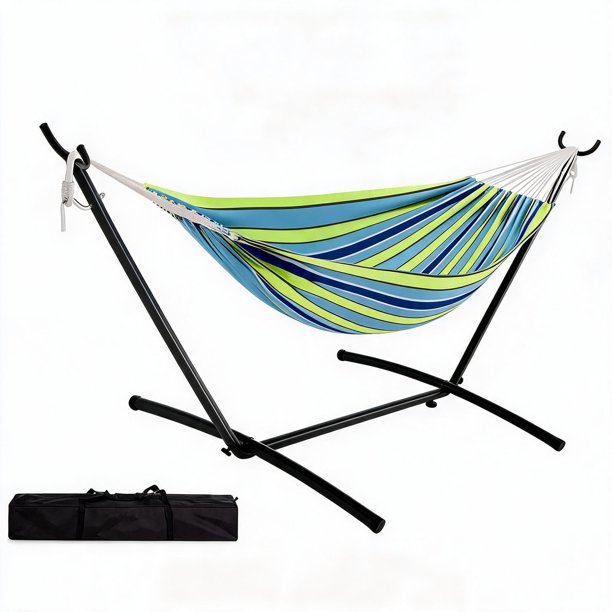 Hamaca Doble + Soporte de Acero – Hamaca XXL resistente hasta 230 kg, color azul-verde a rayas, con estructura plegable y bolsa de transporte – Ideal para jardín, terraza, camping y exterior
