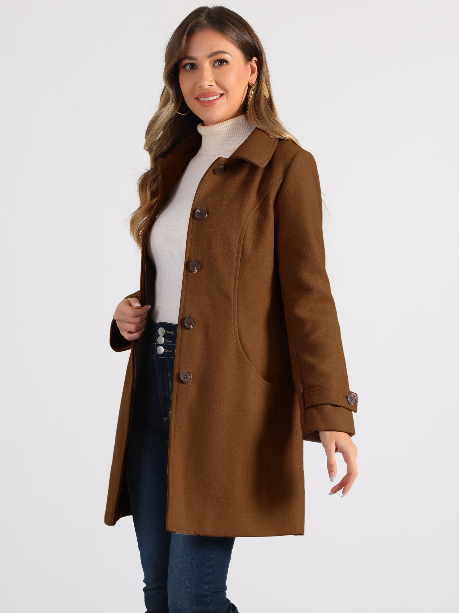DARING DIVA Women's Peter Pan Collar Winter Outwear Trench Pea Coats Dark Brown XL