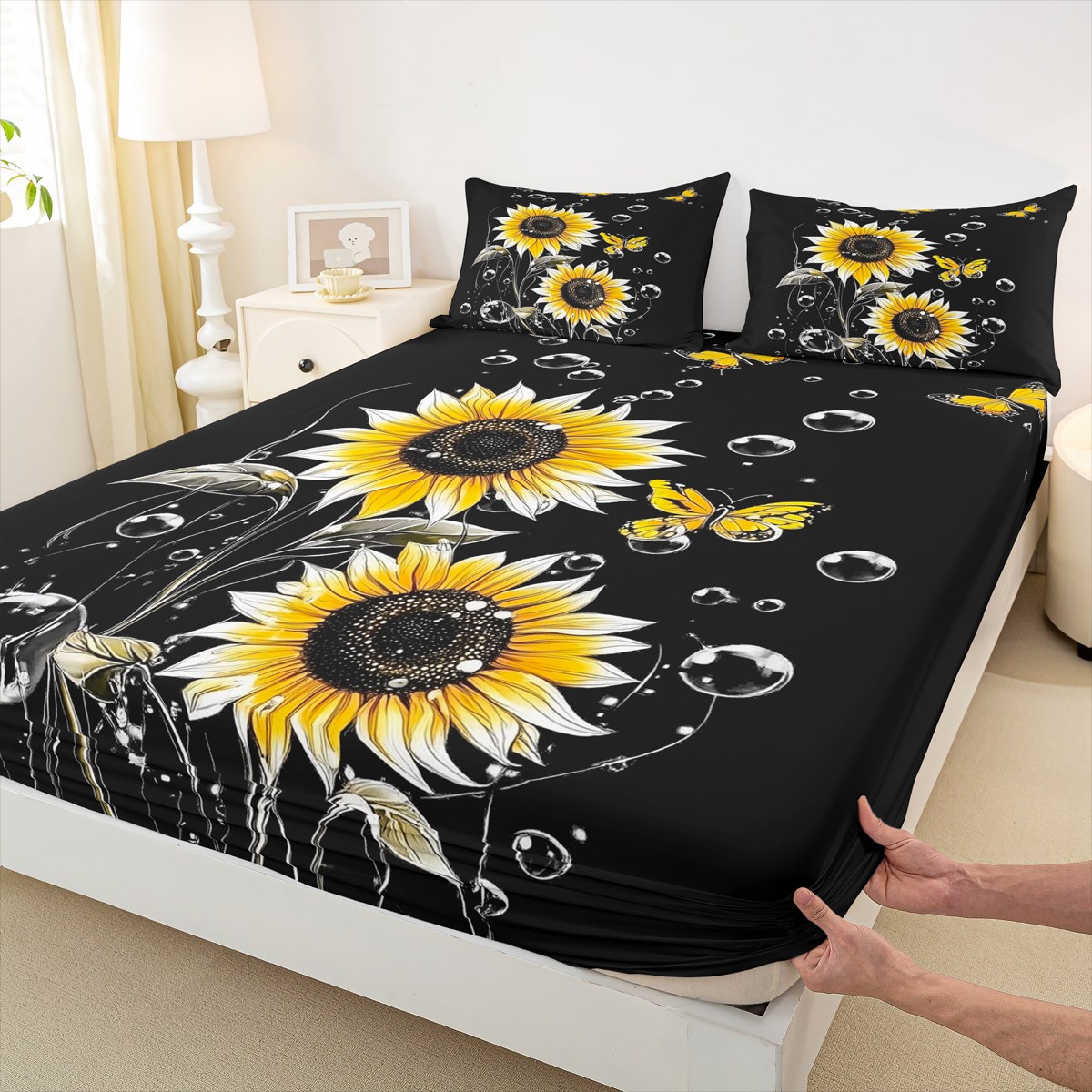 Homewish Cartoon Sunflower Teen Twin Sheet Sets, Dreamy Butterfly Animal Twin Fitted Sheet, Rustic Plant Botanical Flat Sheet, Super Cozy Room Decor, 3 Pieces