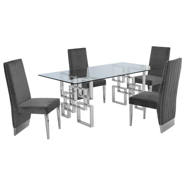 Rectangular Clear Glass 5pc Dining Set with Silver Stainless Steel Base