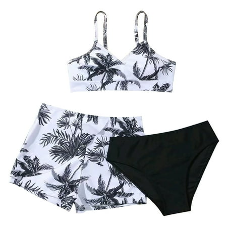 Little Girl Swimsuit 3 Piece Bathing Suit Cute Floral Print Bikini Set with Beach Shorts Pants Swimwear for Kids Size 8-9T