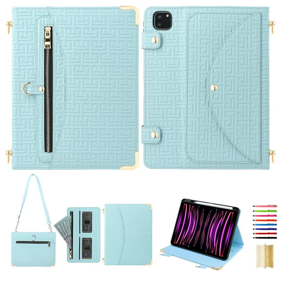 for iPad Pro 11" (M4) 2024 Crossbody Case, PU Leather Flip Cover with Card Holder Zipper Pocket Flip Stand Shoulder Strap Pen Slot, Envelope Design Tablet Case for iPad Pro 11" (M4) 2024, Blue