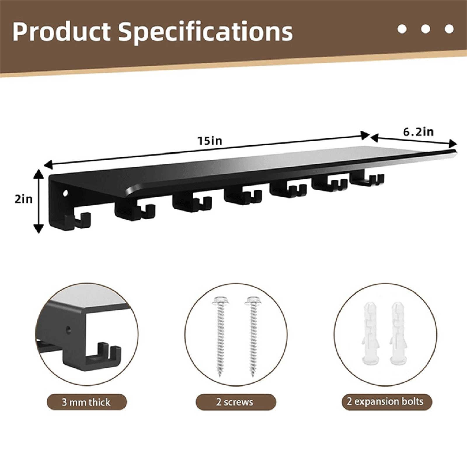 Floating Shelf with Hooks, Water Bottle Storage Organizer, 24 In, 8 Hooks, 1 Pc, Black, Home Gym Storage, Gym Equipment Storage, Wall Mounted Storage, Garage Hooks Heavy Duty, at