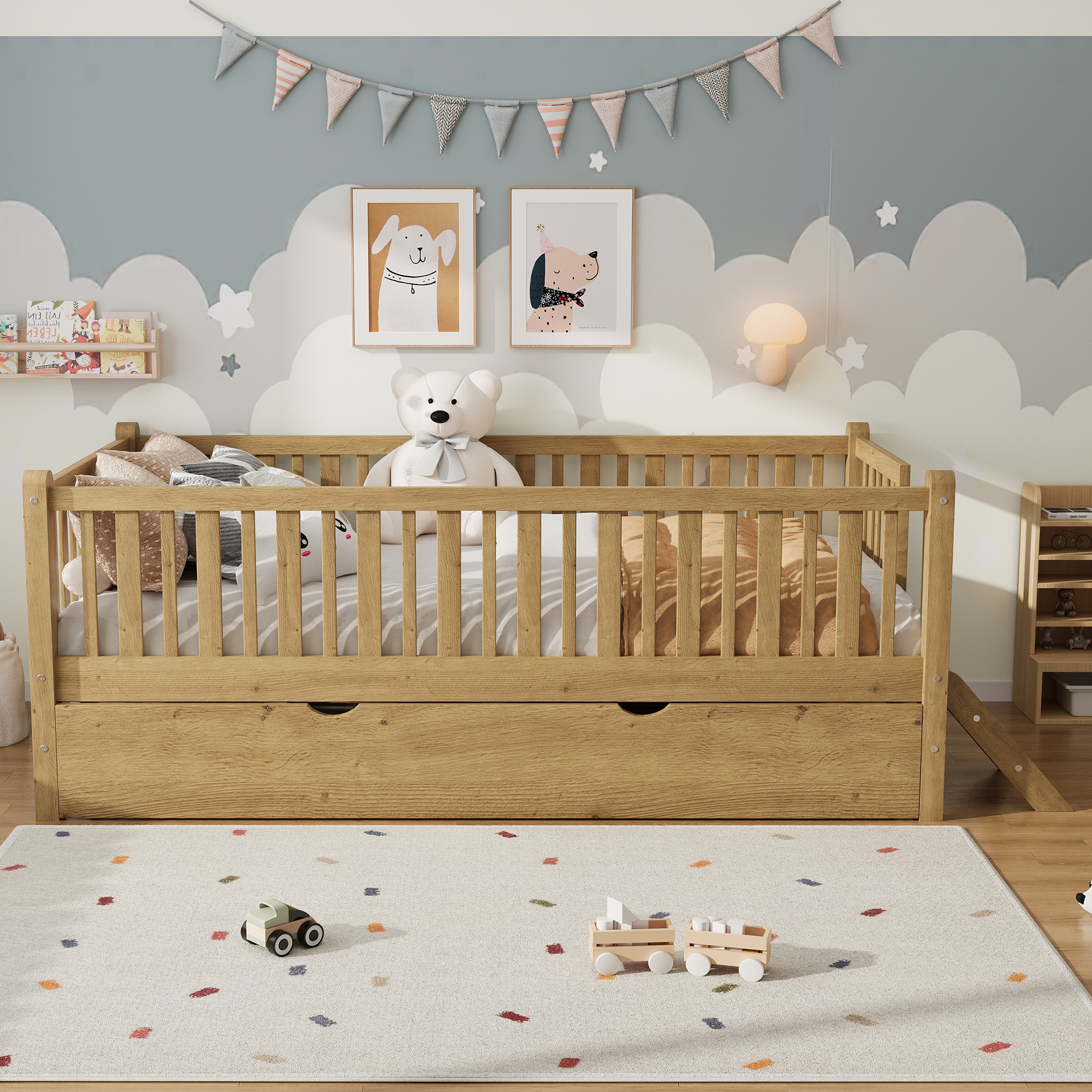 Euroco Wood Twin Size Platform Bed with Trundle, Guardrail Bed for Kids Teens Toddler, Walnut