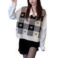 thumbnail image 2 of Chaleco de punto Estilo clásico a cuadros Cuello en V Suelto Suave Cálido Poliéster Colores vivos Suéter sin mangas para niña Mujer Estudiante Negro Tamaño libre, 2 of 8