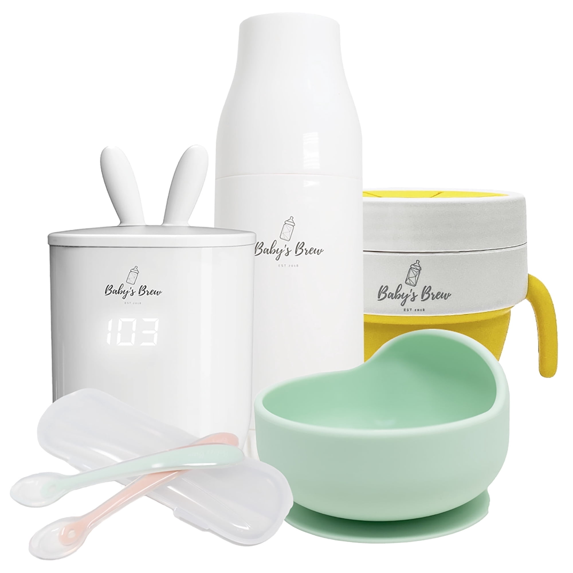 Baby's Brew Shower Bundle: Portable Baby Bottle Warmer, Silicone Bowl, Flexi-Spoon and 2-in-1 Snack / Sip Cup