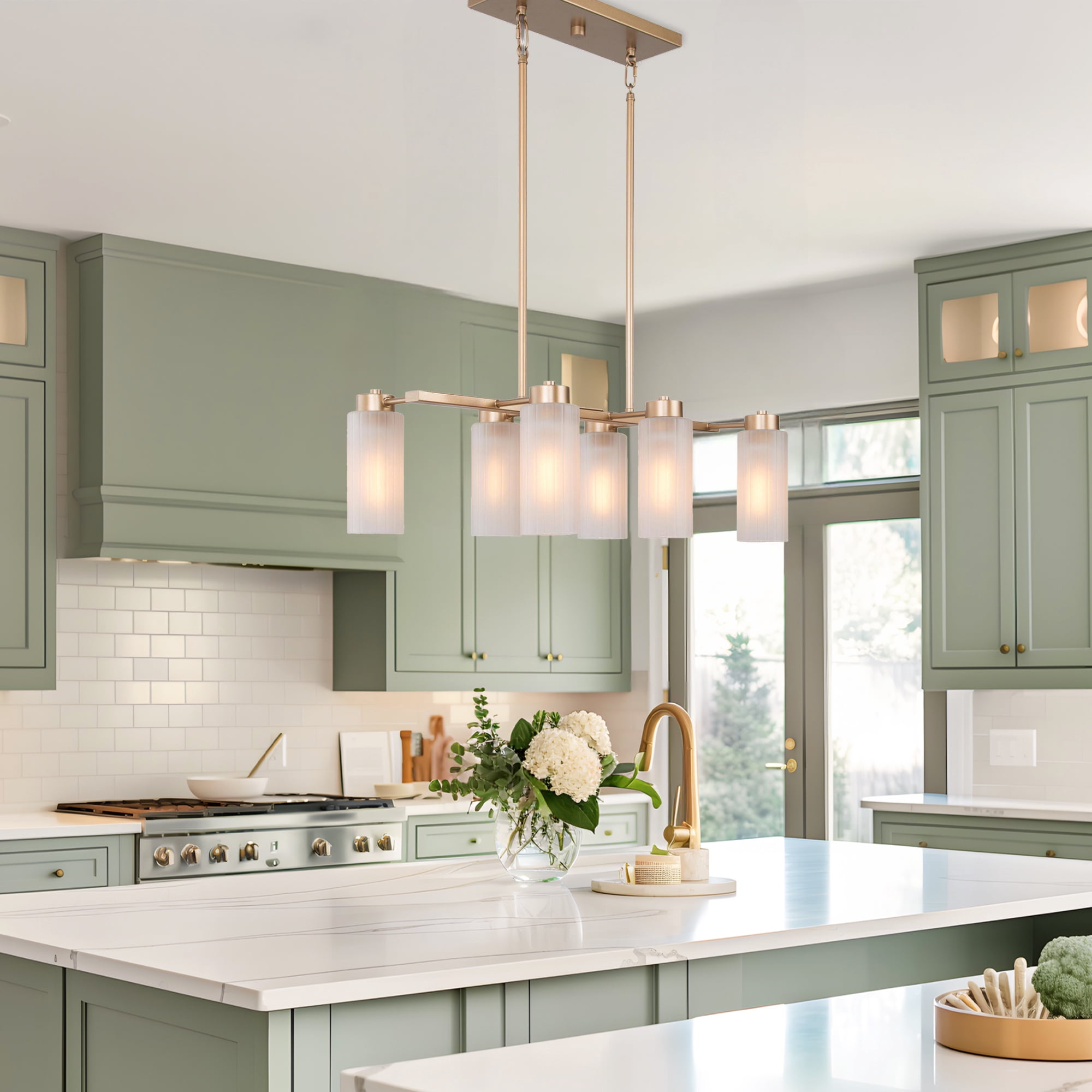 LNC Layla 6 -Light Matte Gold Modern/contemporary Frosted glass Linear Medium Hanging Kitchen Island Light