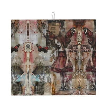 

Dish Drying Mats for Kitchen Counter - Vintage Collage Girl Butterfly 16x18In Anti-Slip Absorbent Microfiber Drying Mat for Kitchen Counter Mat Dish Rack Mat with Hanging Loop
