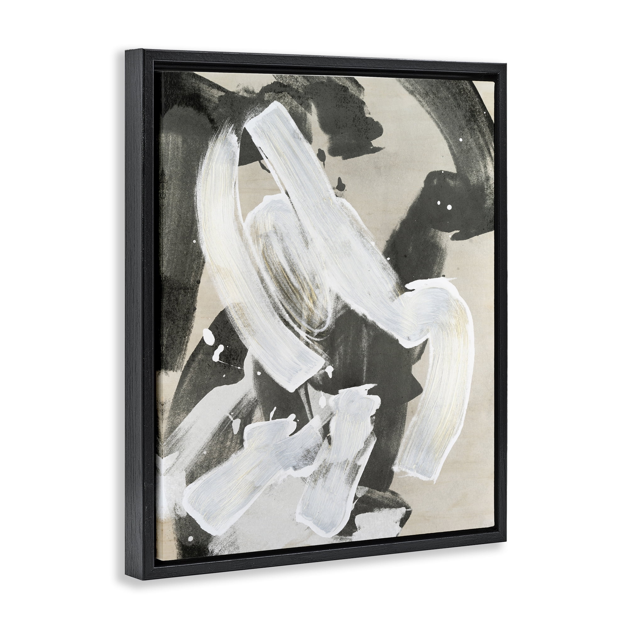 Stupell Industries Chaotic White Paint Streak Abstract Painting Black Floater Framed Canvas Art Print Wall Art, 25 x 31