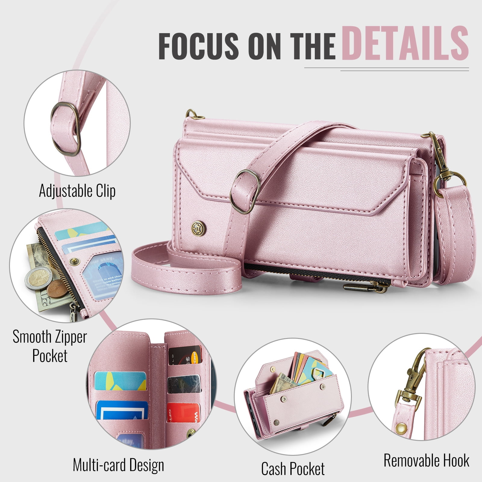 for iPhone 11 Full Body Protection Wallet Folio Flip Case, Shoulder Strap & Wristlet Card Slots Zipper Pocket RFID Blocking Rugged Durable PU Leather Phone Case Cover, Pink