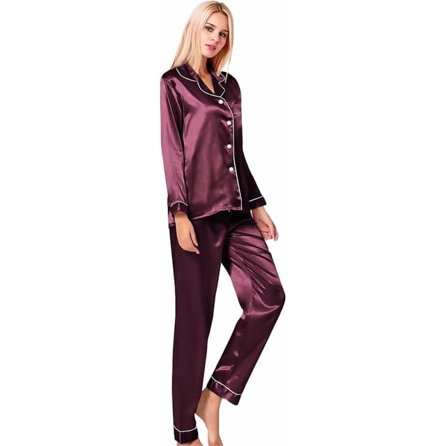 Conjunto de pijama para mujer, de manga larga, de satén de seda, con botones suaves, ropa de dormir para estar en casa