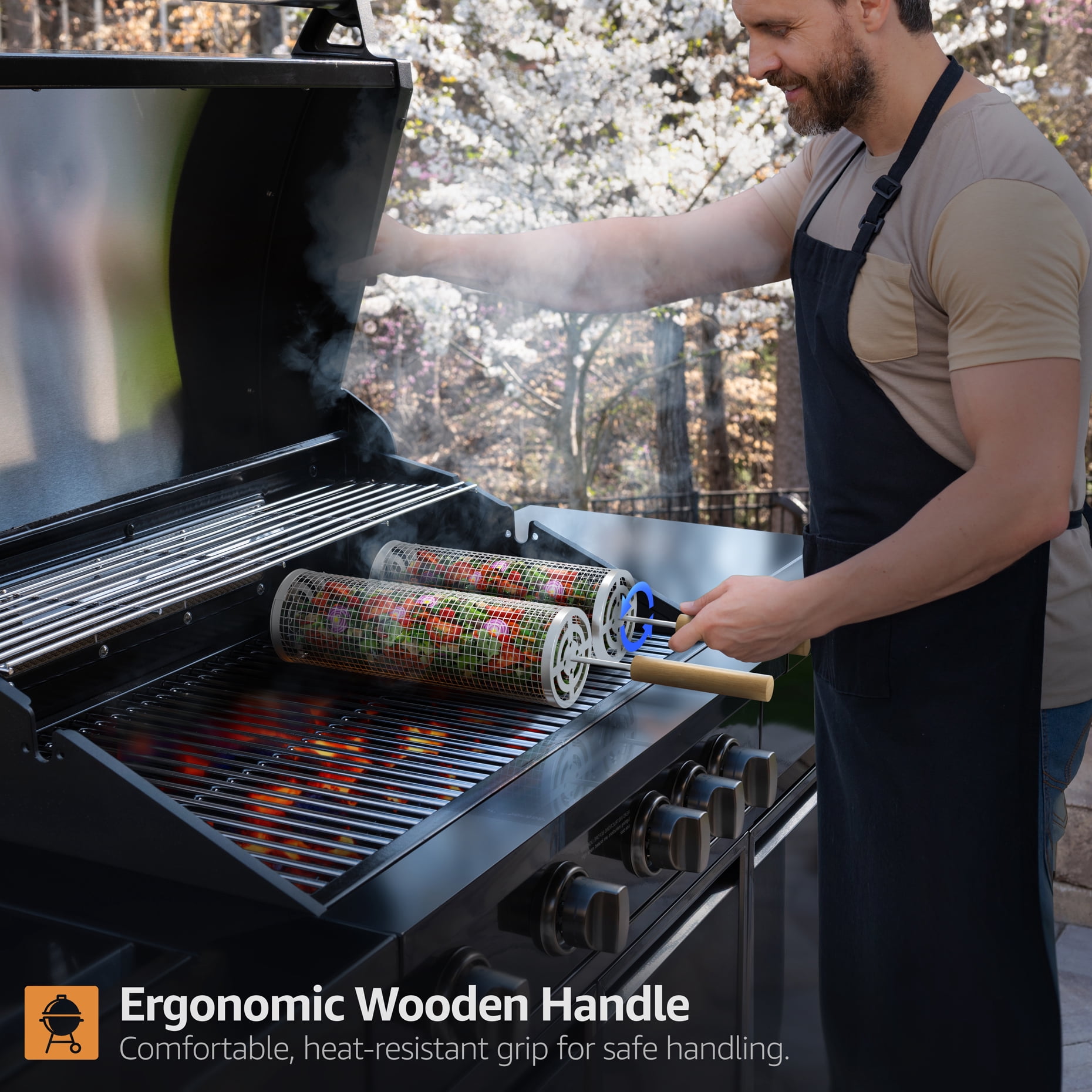 Sorbus Rolling Grill Baskets, 2 Pack, Stainless Steel BBQ Grilling Nets with Removable Handle