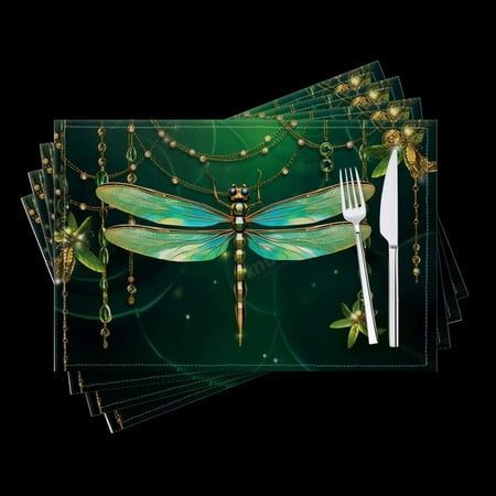 

BaHomeck placemats Set of 4 Dragonfly Made Of Green And Gold With Gemstones Hanging Cotton Linen rectangle Placemats for Kitchen Dining Table Indoor Outdoor 18*12inch