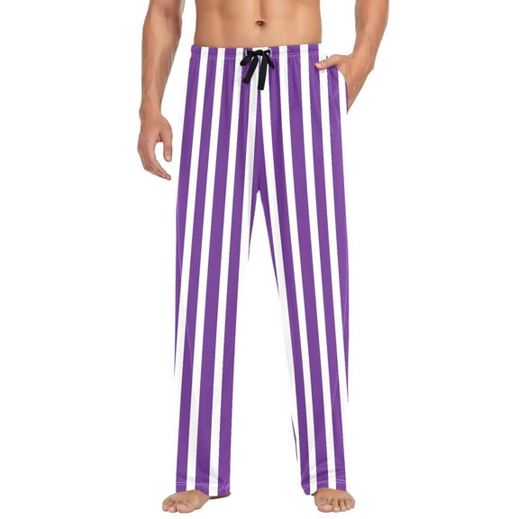 Cotton Mens PJ Pajama Pants Bottoms Waistband Sleepwear with Pockets Modena Purple and White Striped