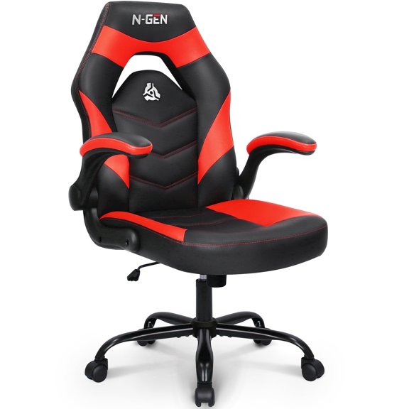 N-GEN GAMING Gaming Chair, Lumbar Support, PU Leather with Flip-Up Arms, Red