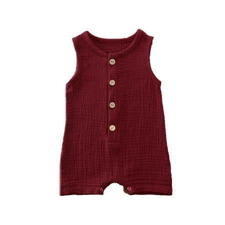 

Canrulo Newborn Infant Baby Girl Boy Summer Clothes Button Strap Romper Solid Jumpsuit Overalls Outfits Wine Red 12-18 Months