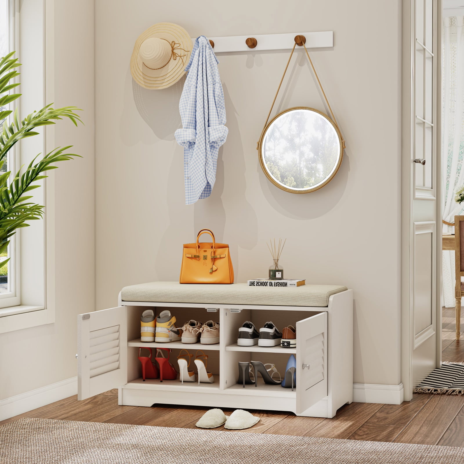 Hommoo Modern Shoe Storage Bench with Cushion, Entryway Shoe Rack Bench with Shutter Doors, Shoe Cabinet with Adjustable Shelves, Ancient White