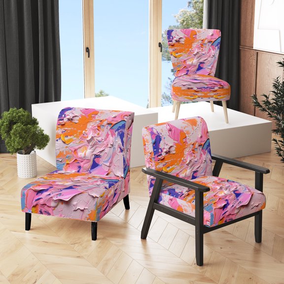 Designart "Explosions of Color in Pink and Orange III" Pink Geometric Shapes In Harmony Upholstered Accent Chair - Modern Arm Chair For Living Room