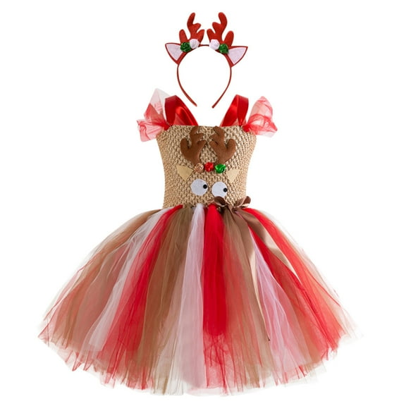 Coerni Girls Dress Reindeer Princess Dress Kids Jungle Parties Animal Christmas Carnival Tutu Dress Headband Dress Up Outfits