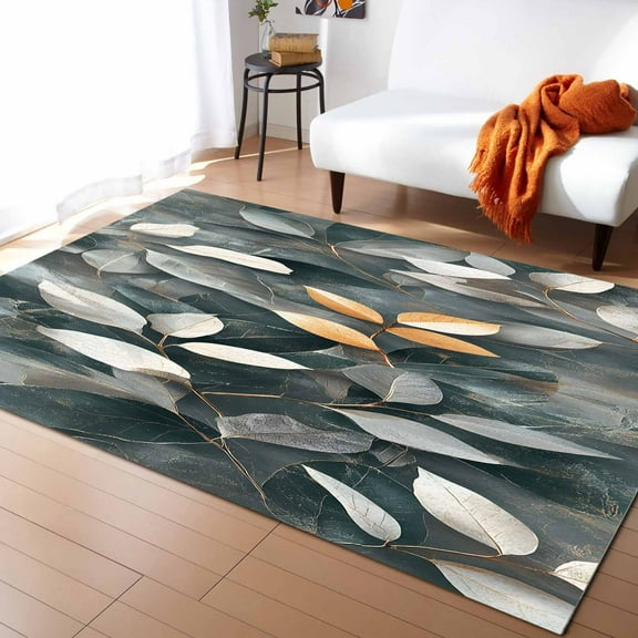 Area Rugs Indoor Non-Slip Rectangle Rug 5x7 Ft Gold Leaves Silhouette Gray Leaf Gradient Rug Rubber Backing Floor Mats Non Shedding Home Decor Carpet for Entryway Living Room