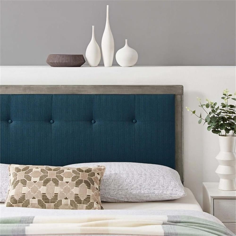 Pemberly Row Tufted King Fabric and Wood Headboard in Gray/Azure Blue