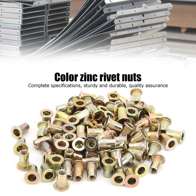 100Pcs Écrou de Rivet Ensemble M3/M4/M5/M6 Couleur Acier au Carbone Plaqué Rivet Écrou Tête Plate Filetée Insert Écrous Kit