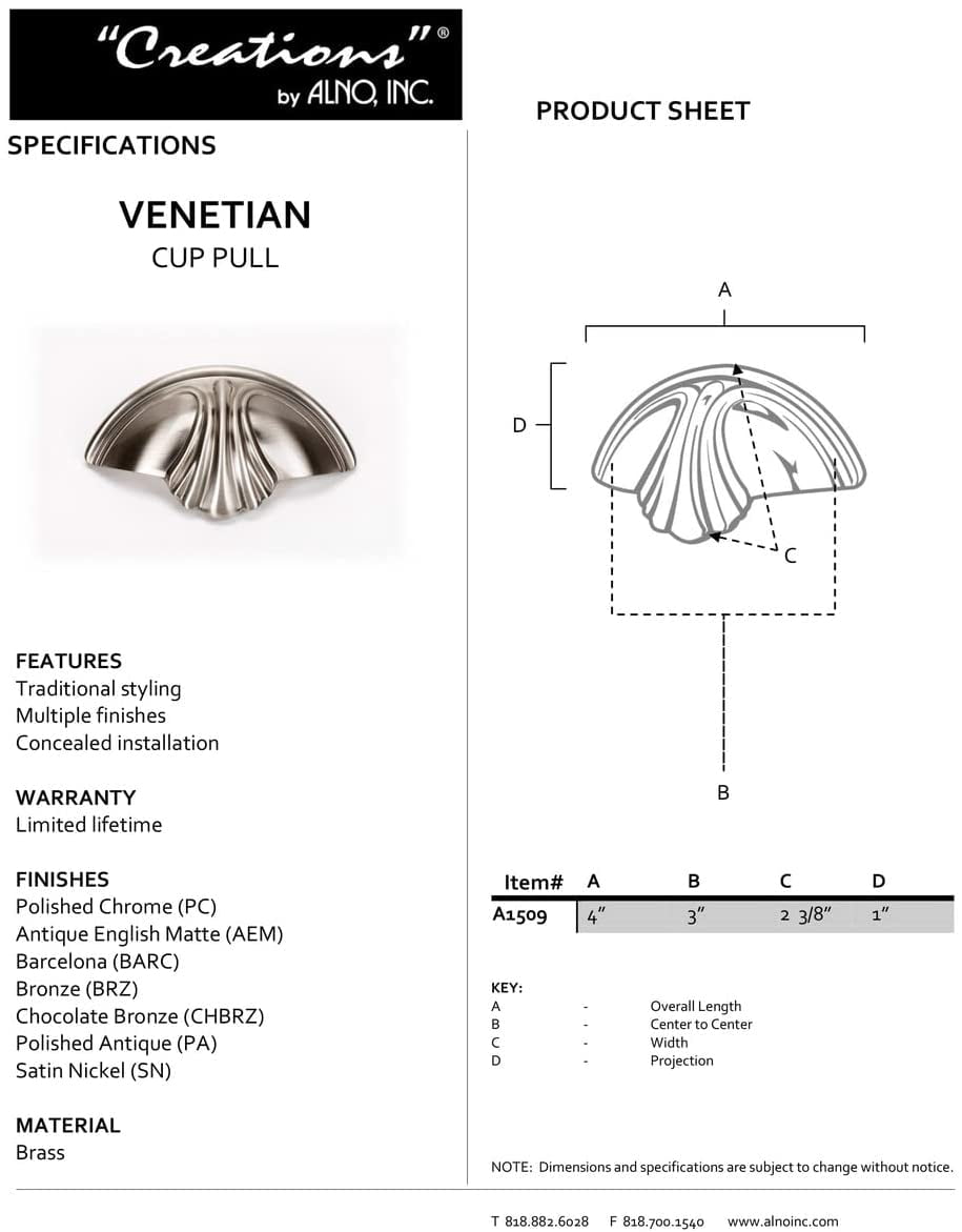 Alno A1509-PB/NL Venetian 3" Center To Center Shell Cup Decorative Cabinet Pull - Brass