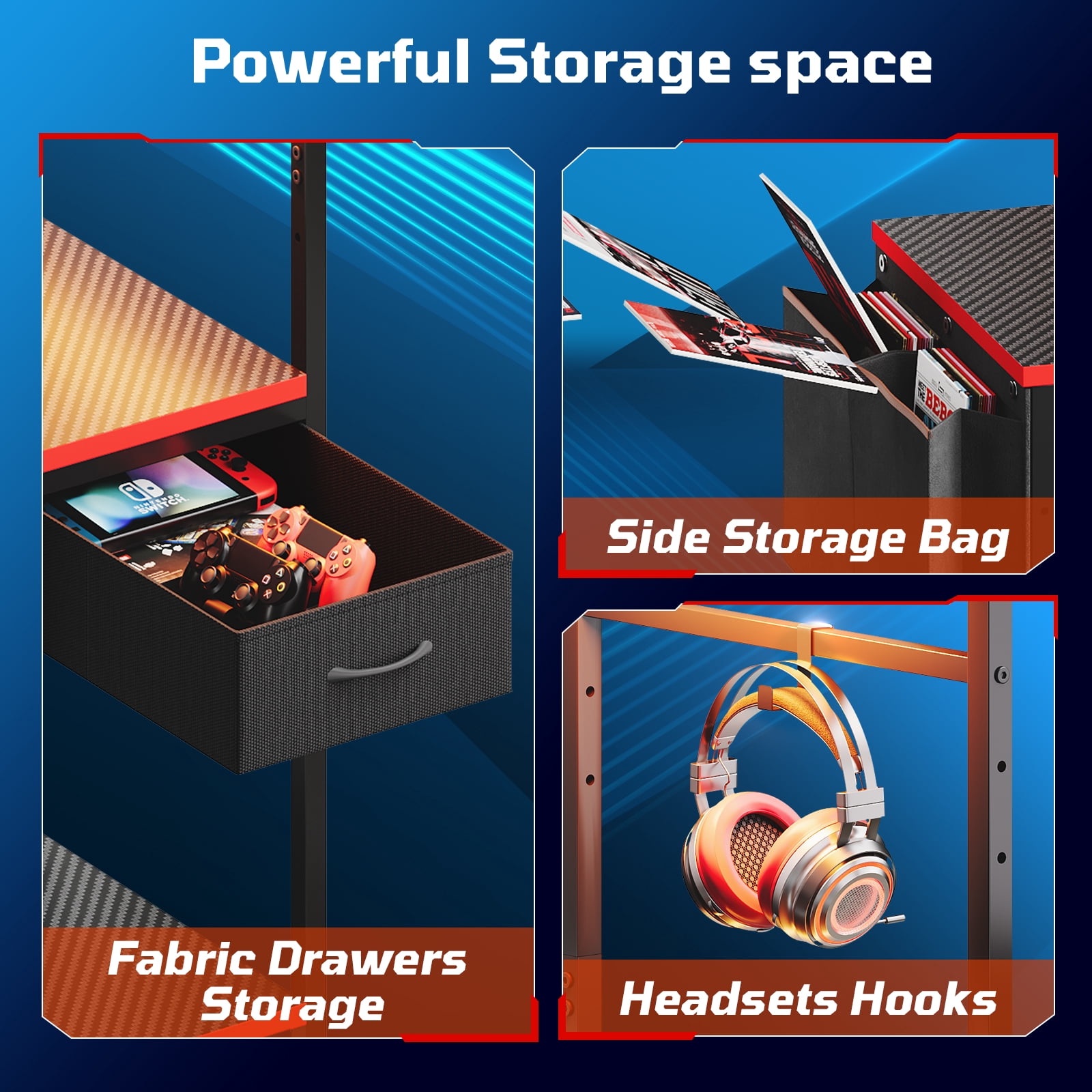 Bestier LED Gaming Desk with Drawer, 44'' Computer Desk with Reversible Shelves, PC Gamer Desk with Side Storage Bag, Hooks and Height Adjustable Shelf for Home Office, Red