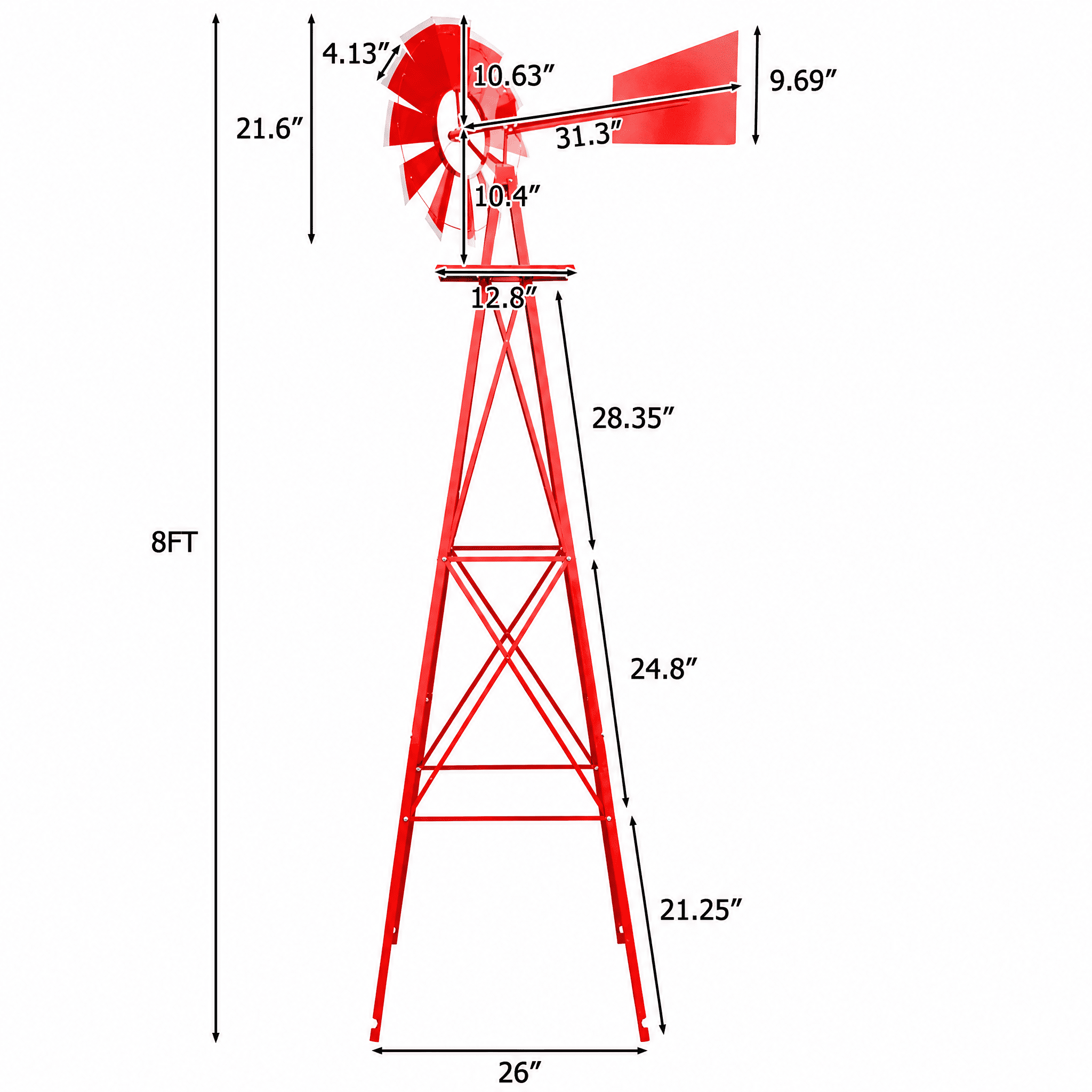 8FT Weather Resistant Yard Garden Windmill Weather Resistant, Ball Bearing for Quiet Operation, for Lawn, Garden, Red