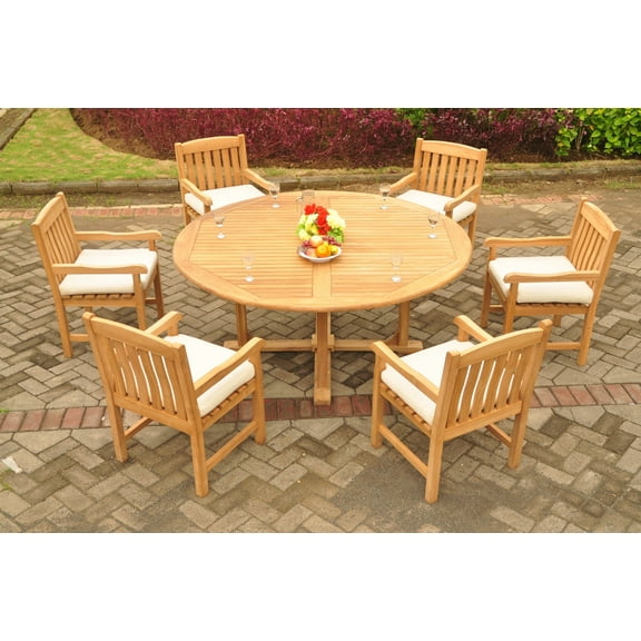 Teak Dining Set: 6 Seater 7 Pc: 72" Round Dining Table And 6 Devon Arm/Captain Chairs Outdoor Patio Grade-A Teak Wood WholesaleTeak #WMDSDVn