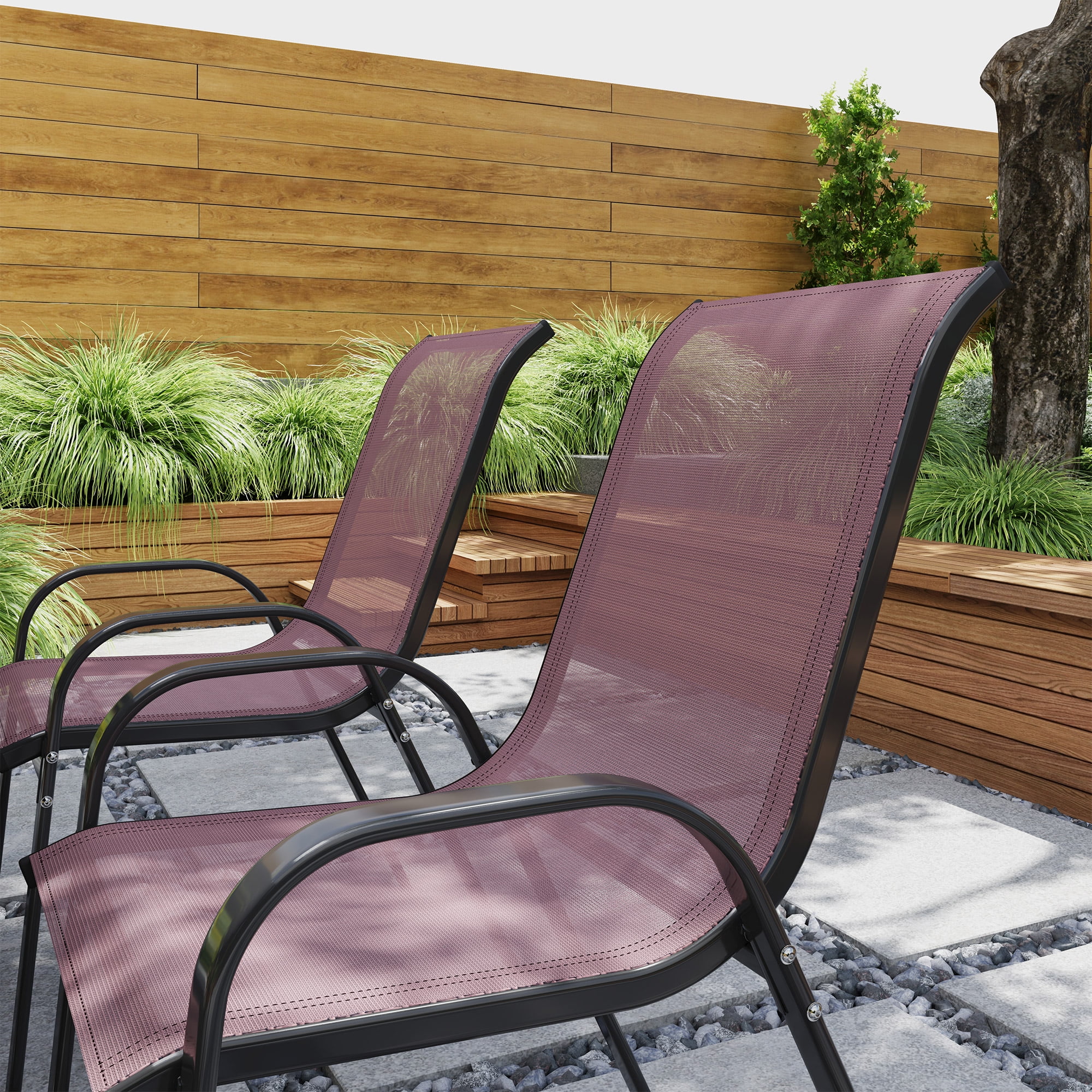 Outdoor Dining Chairs Set of 4, Stackable Outdoor Patio Chairs with High Back, Breathable Mesh Seat for Garden Lawn Backyard, Brown