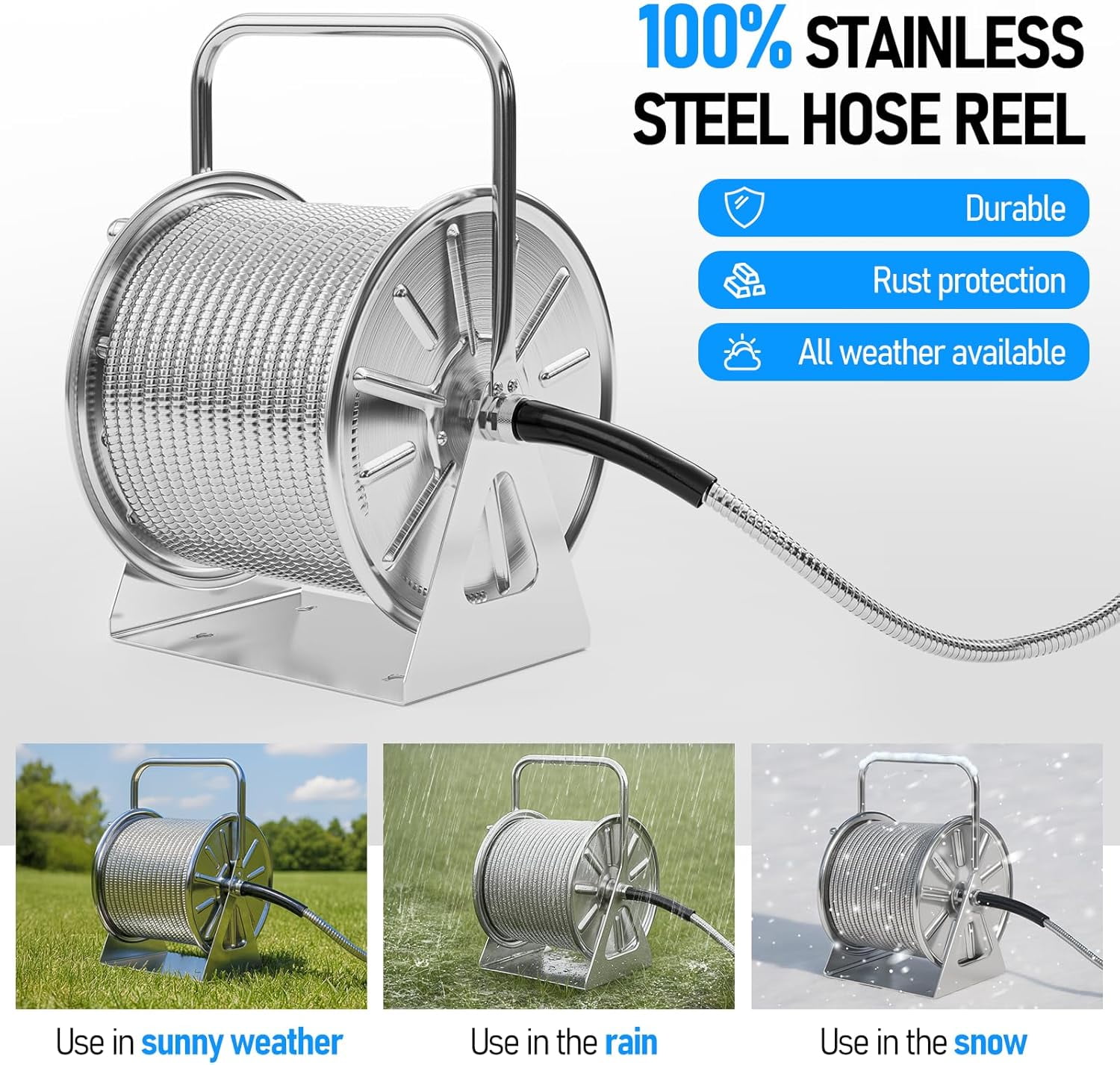 SPECILITE Stainless Steel Outdoor Hose Reel with 100ft Water Hose and 6.2ft Leader Pipe, Wall/Floor Mounted for Yard, Patio