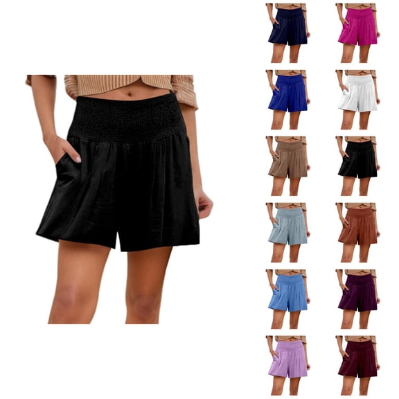 Shorts for Women 2026 Summer Elastic High Waist Wide Leg Relaxed Fit Smocked Casual Beach Cover Up Shorts with Pockets