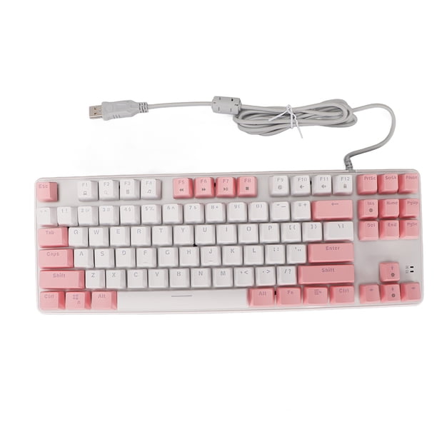 Teclado mecánico para juegos con 87 teclas, interruptor azul, retroiluminación RGB, teclado mecánico con cable USB para PC, computadora portátil, computadora de escritorio, blanco y rosa