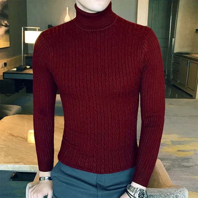 Pull Col Roulé Automne Hiver Chaud Couleur Unie Pull Homme Slim Pull Tricoté