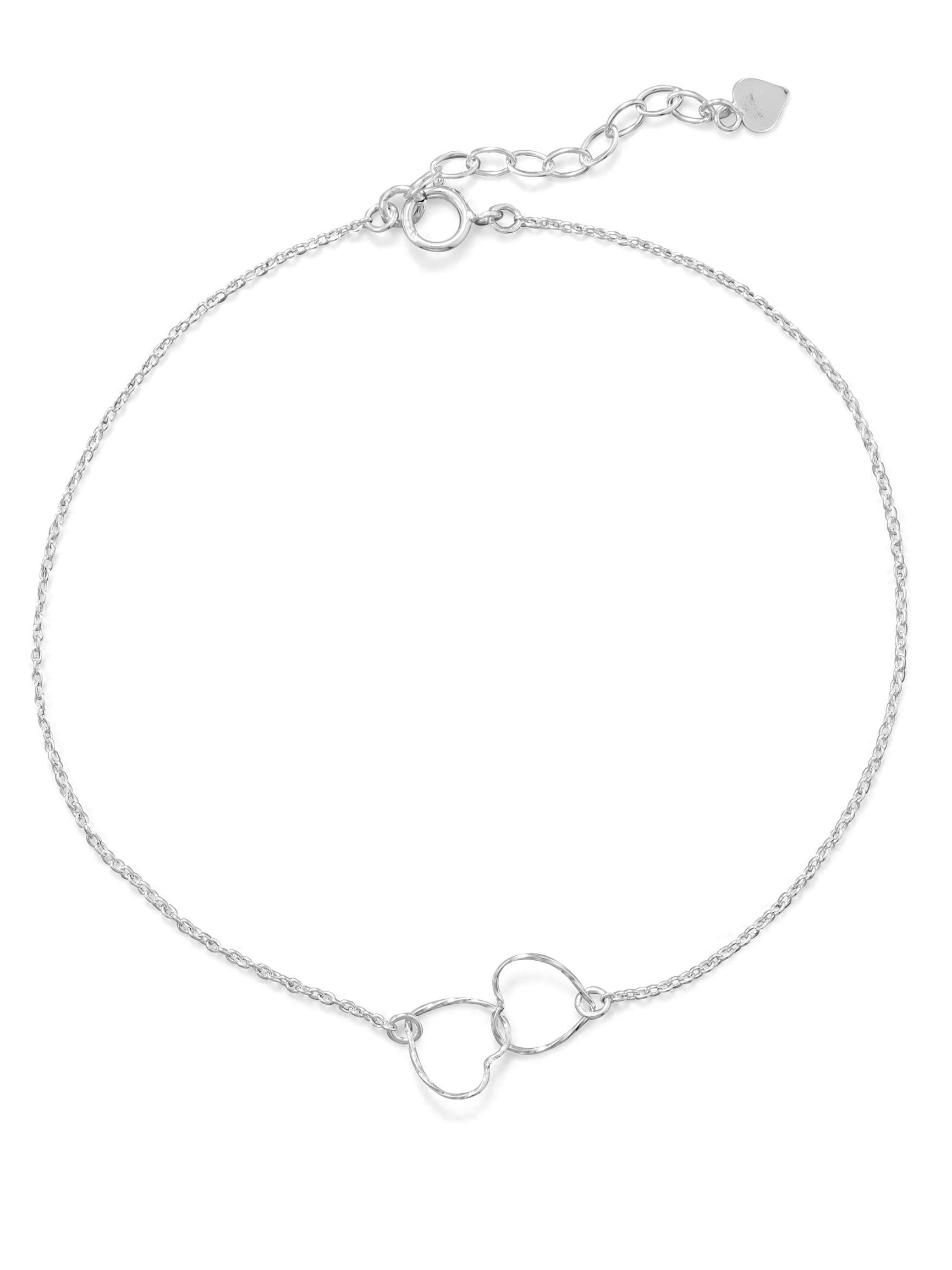 Sterling Silver Anklet with Heart & Flower Links fits 9-10 inch Ankles