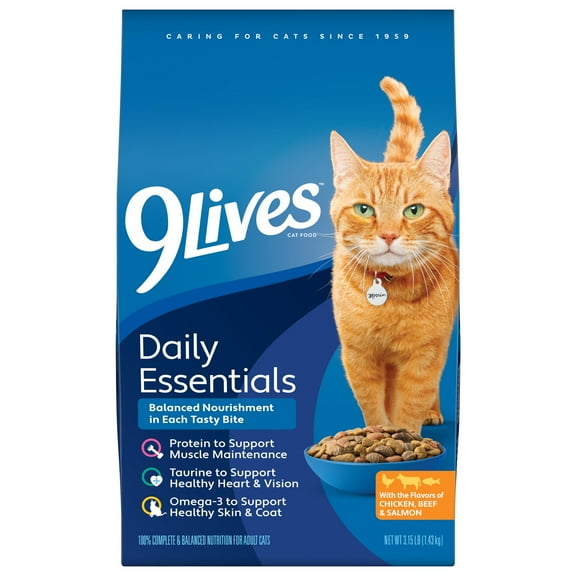 9Lives Daily Essentials Dry Cat Food with Chicken, Beef & Salmon Flavors, 3.15 lb. Bag