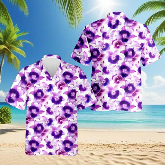 Purple Orchid Flower Hawaiian Shirt for Men, Tropical Style, Button Down Summer Beach Short Sleeve, S-5XL