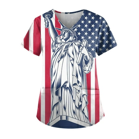 

Sksloeg Women Scrub Tops Stretchy 4th Of July American Flag Print Short Sleeve V-Neck Lightweight Easy Fit Shirts Tee Tops with Pockets Blue M
