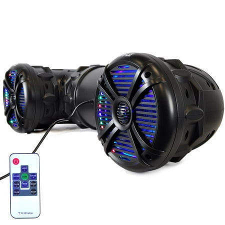 Pyle Waterproof Marine PLATV85BT Powered Speakers, Amplified Sound System, Built-in Programmable Multi-Color LED Lights, 8