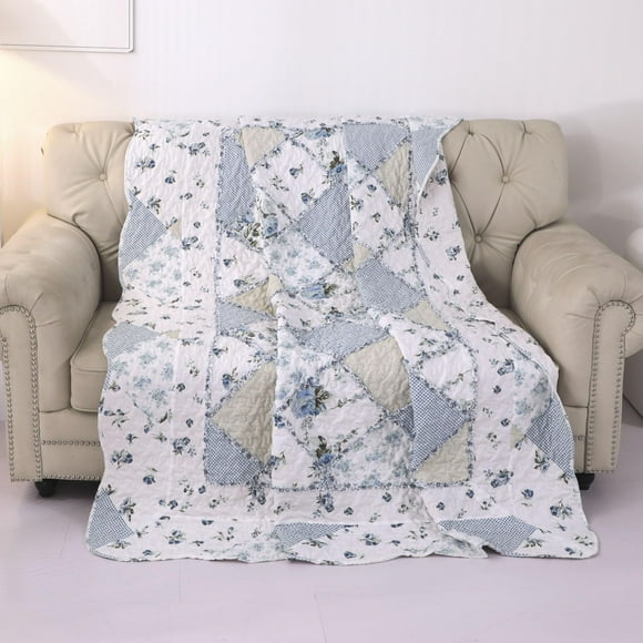 Twin Size Patchwork Quilt Throw Blanket for Couch Sofa Blue Vintage Floral Reversible Lightweight Quilted Bedspread Coverlets Flowers Quilt Soft Garden Comforter Bed Cover for