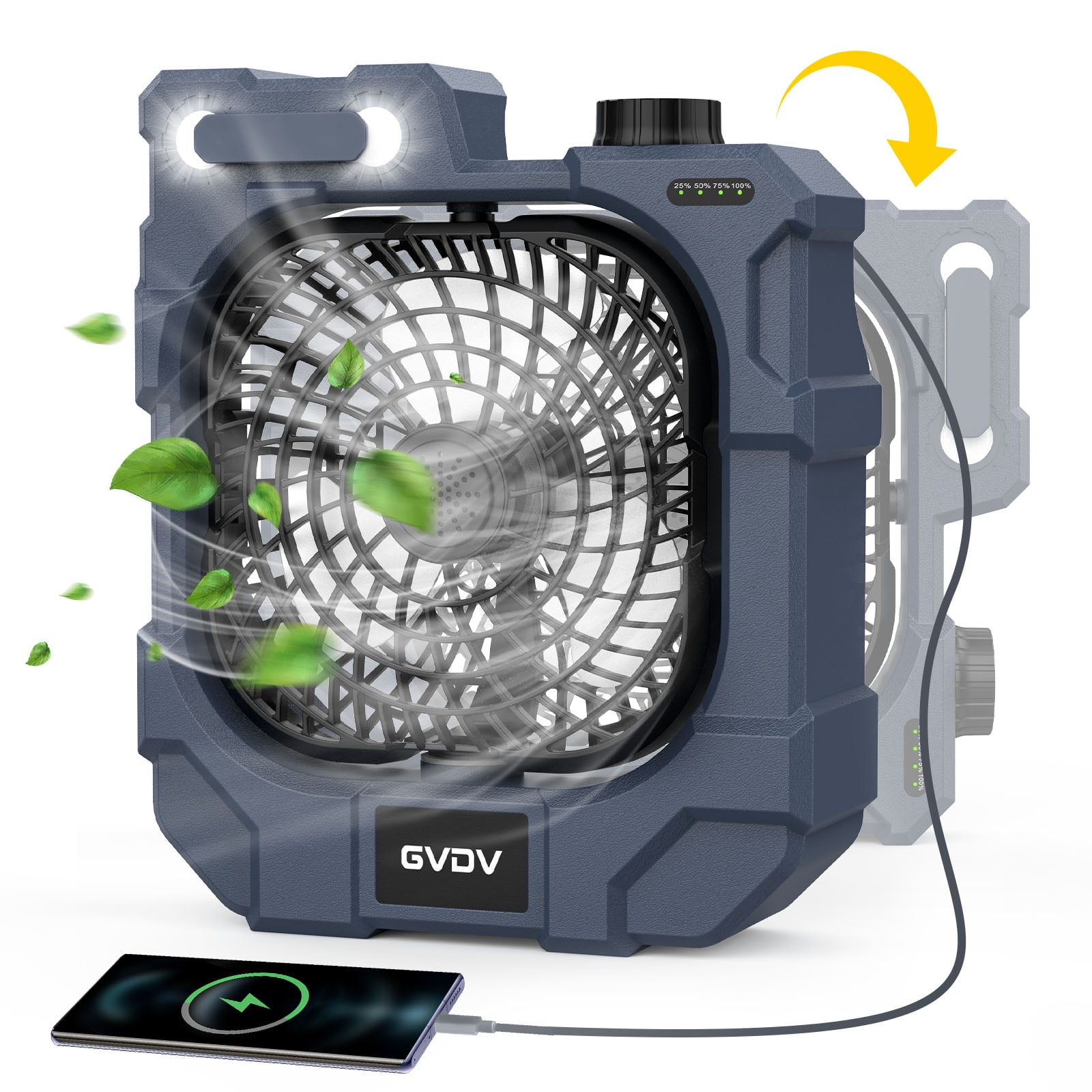 GVDV Portable Desk Fan with LED Light, 10400mAh Rechargeable Battery