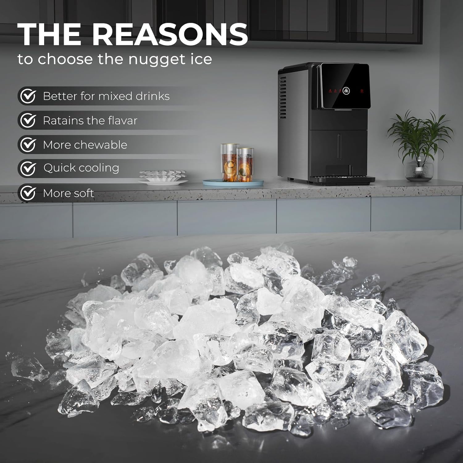 FREE VILLAGE Countertop Nugget Ice Maker,33 lb/24H Portable Ice Machine with 1.8L Water Tank Self-Cleaning,One-Touch Automatic Ice Dispensing,1.5 lb Ice Storage,for Home/Office/Kitchen/Bar