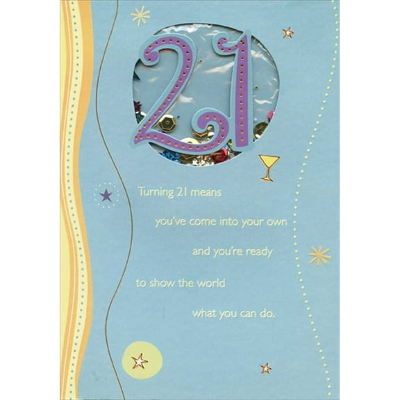 Designer Greetings Bronze Foil Stars on Blue with Sequin Window Age 21 / 21st Birthday Card