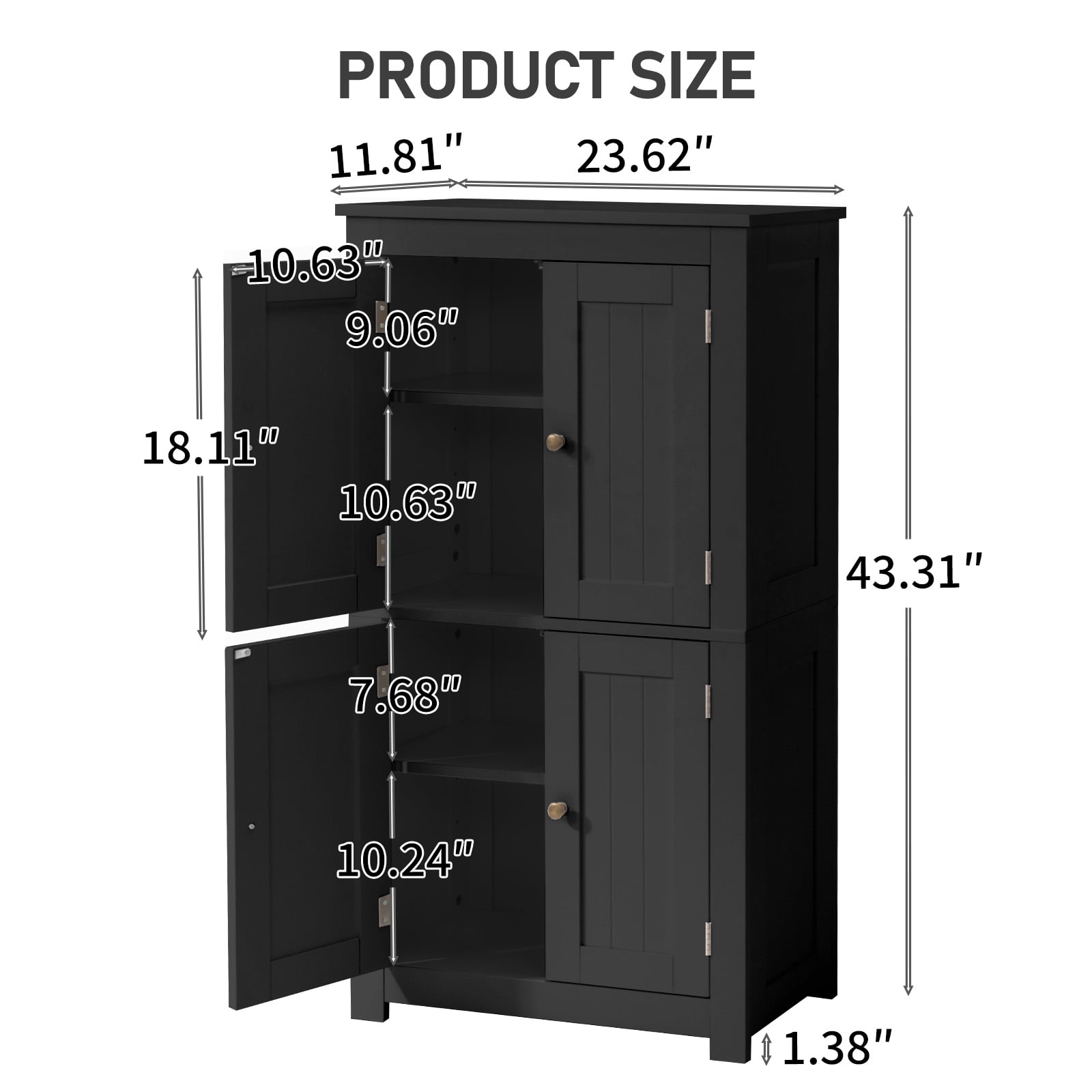 4-Door Vertical-Grain MDF Bathroom Cabinet, Black, 23.62 x 11.81 x 43.31 in